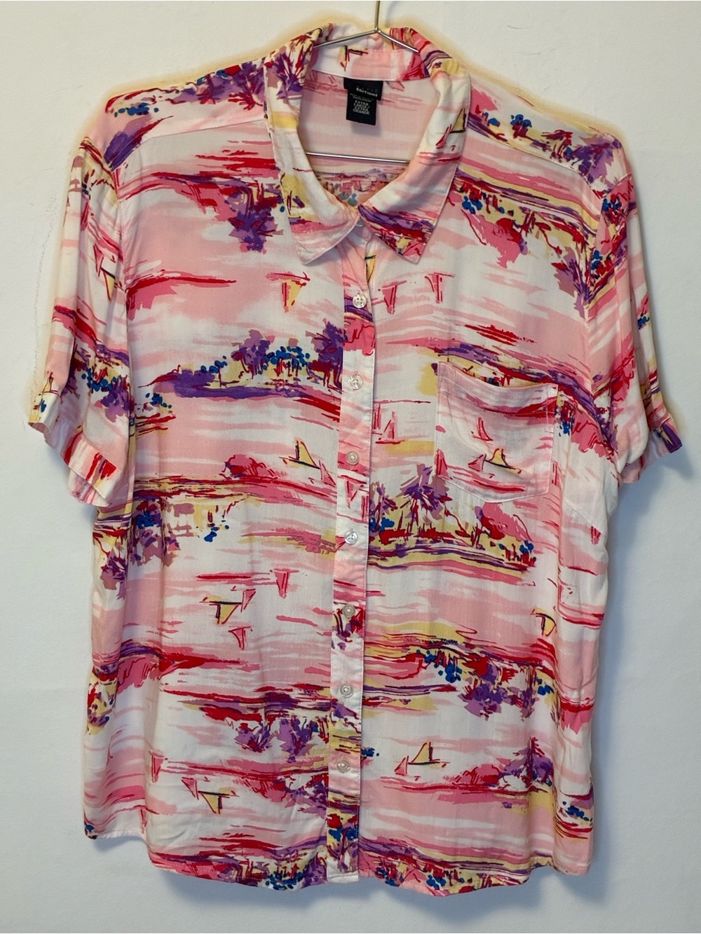 Basic Editions Pink Abstract Short-Sleeve Button-Up